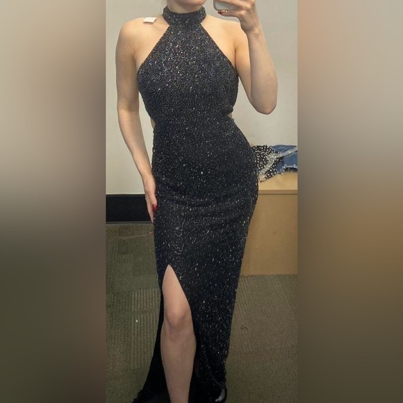 Vintage 90's Cache Black Silk Beaded Sequin Halter Gown Maxi Dress Size Large - Picture 7 of 16